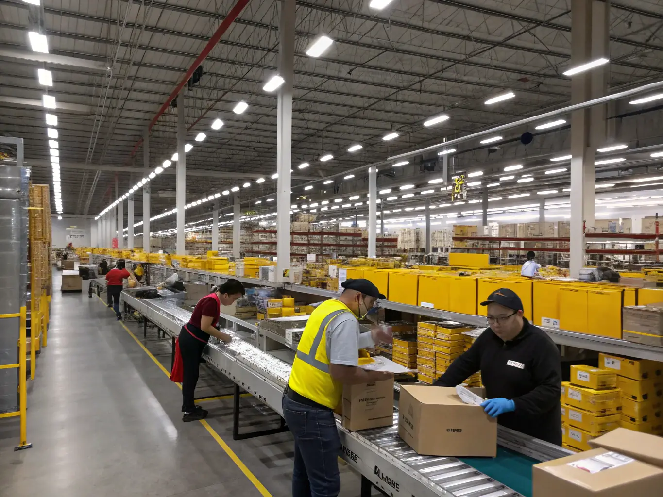 A detailed image of Rush Delivery Lines' distribution center, highlighting the streamlined process of sorting, packaging, and dispatching goods for delivery.